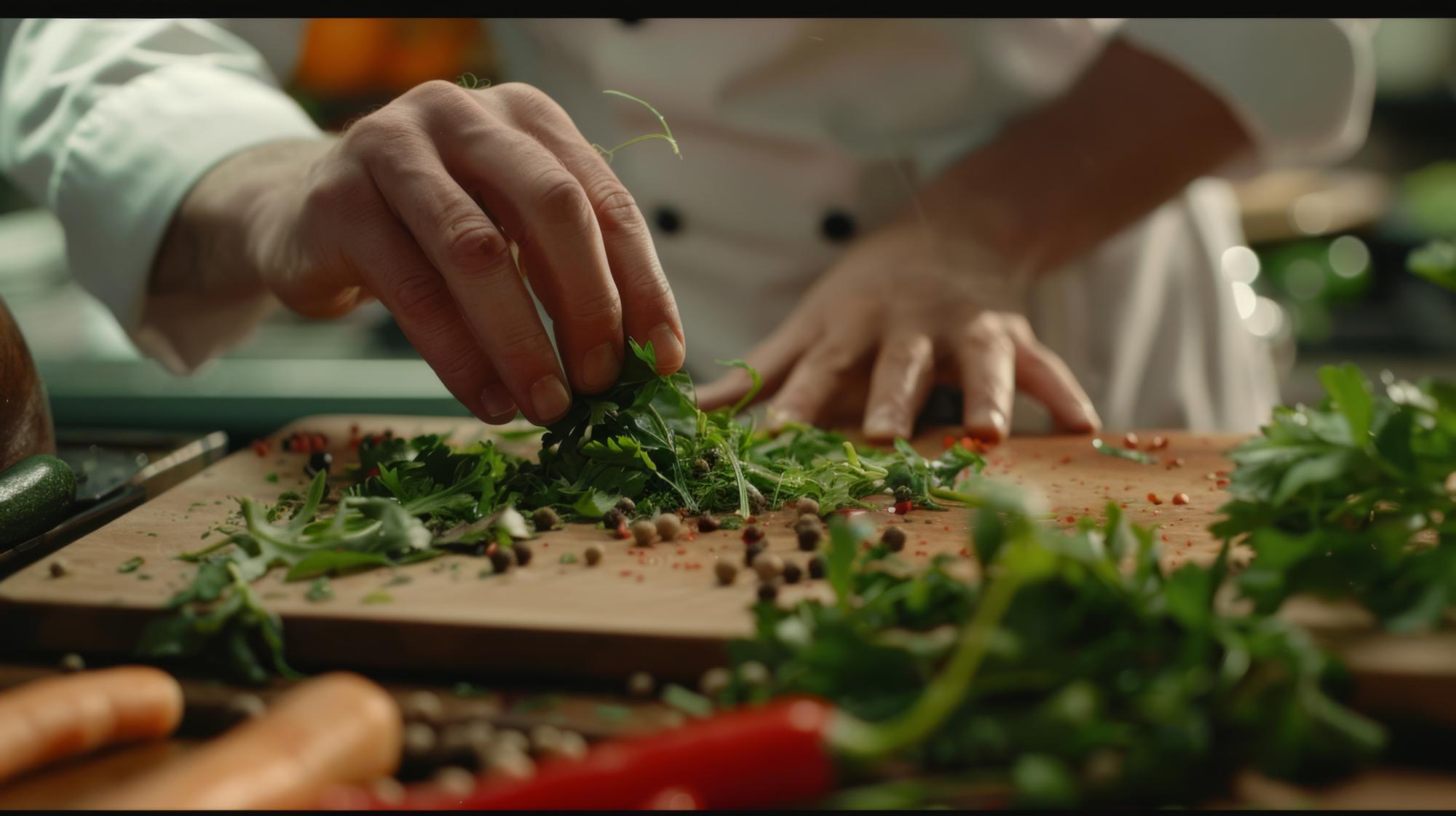 Chef che affetta erbe fresche in cucina