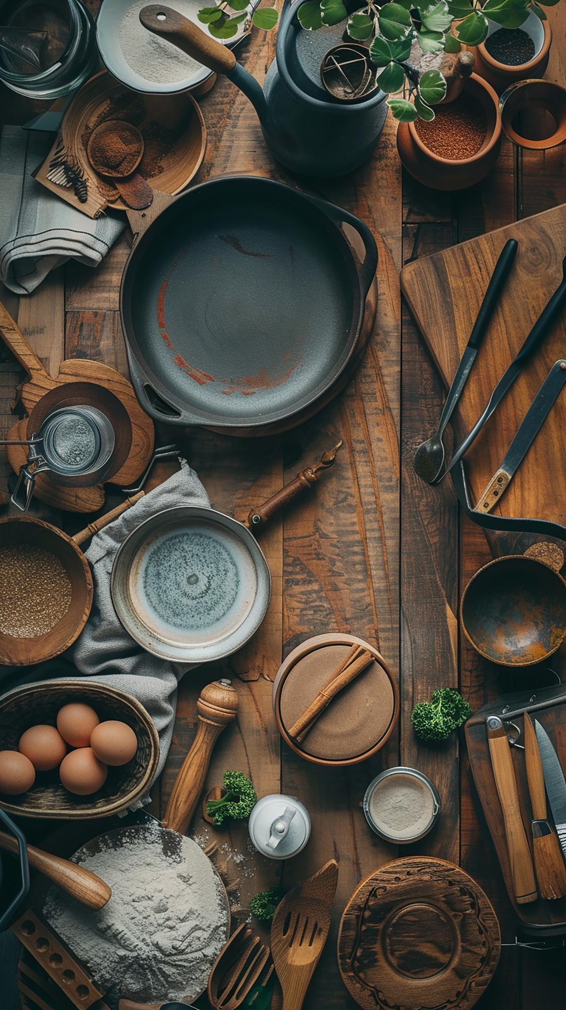 Set di strumenti da cucina su tavolo di legno